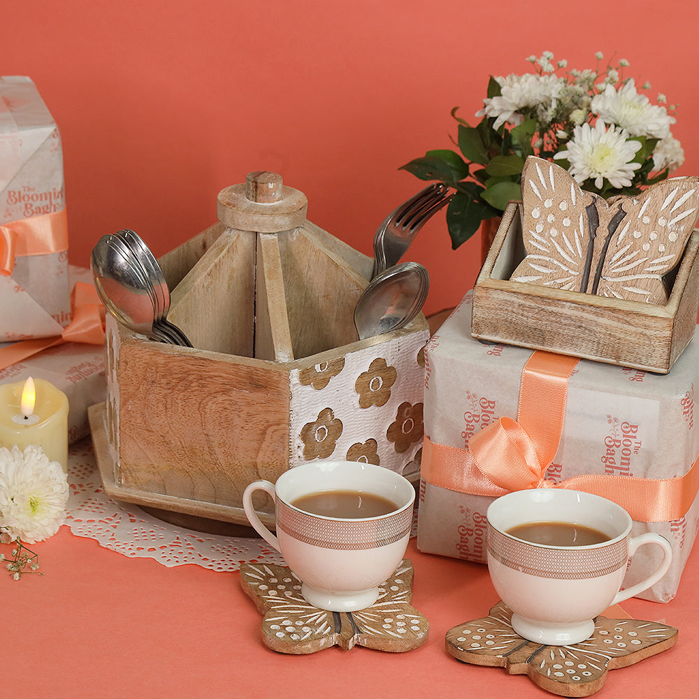 Rustic White Caddy and Coaster Gift Set