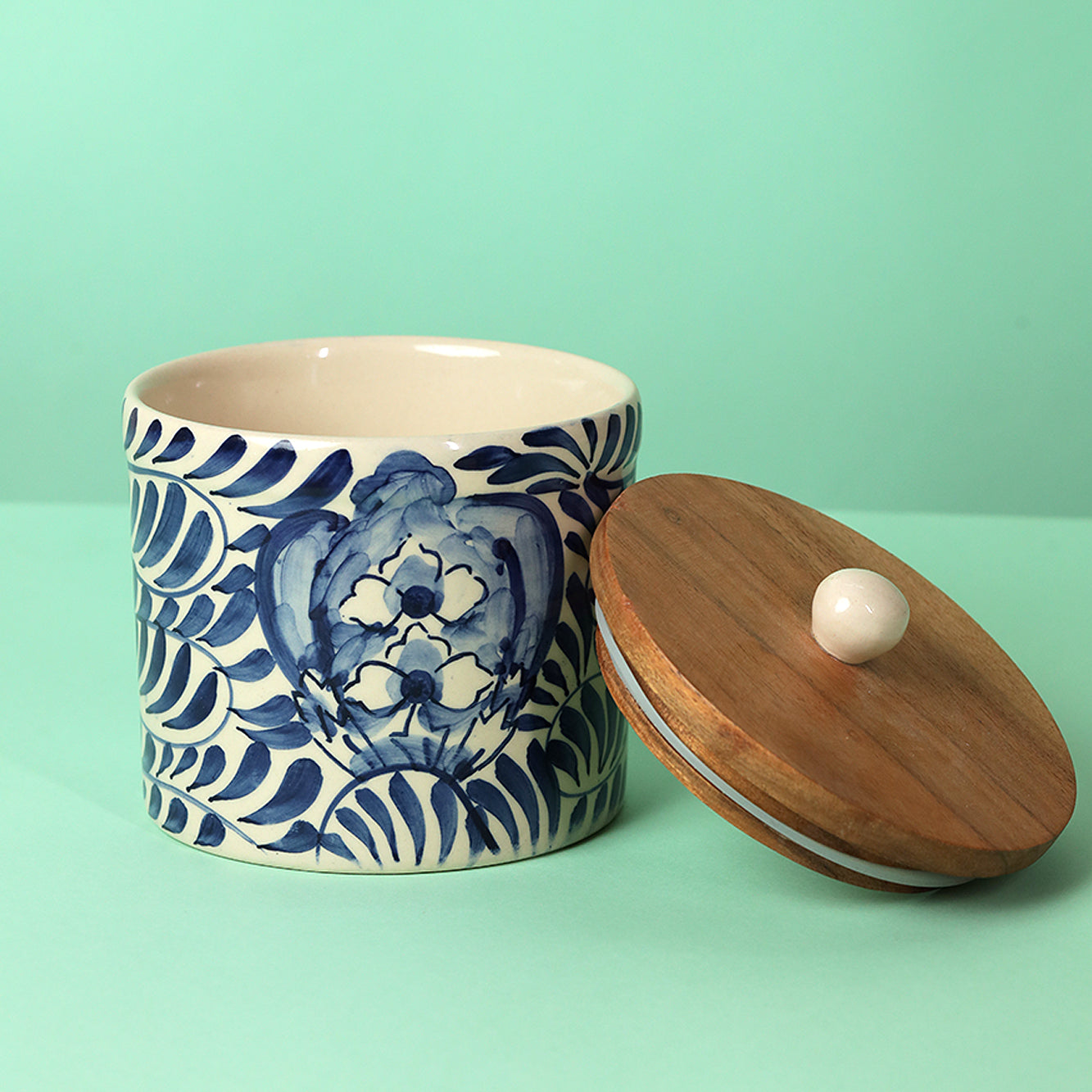 Blue Leafy Round Storage Jar