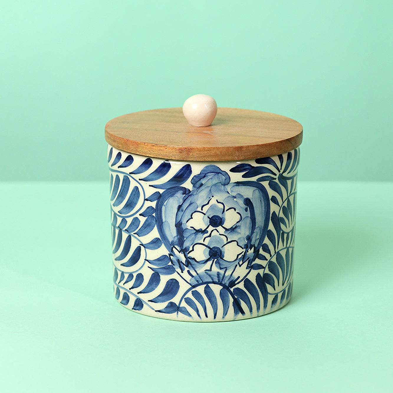 Blue Leafy Round Storage Jar