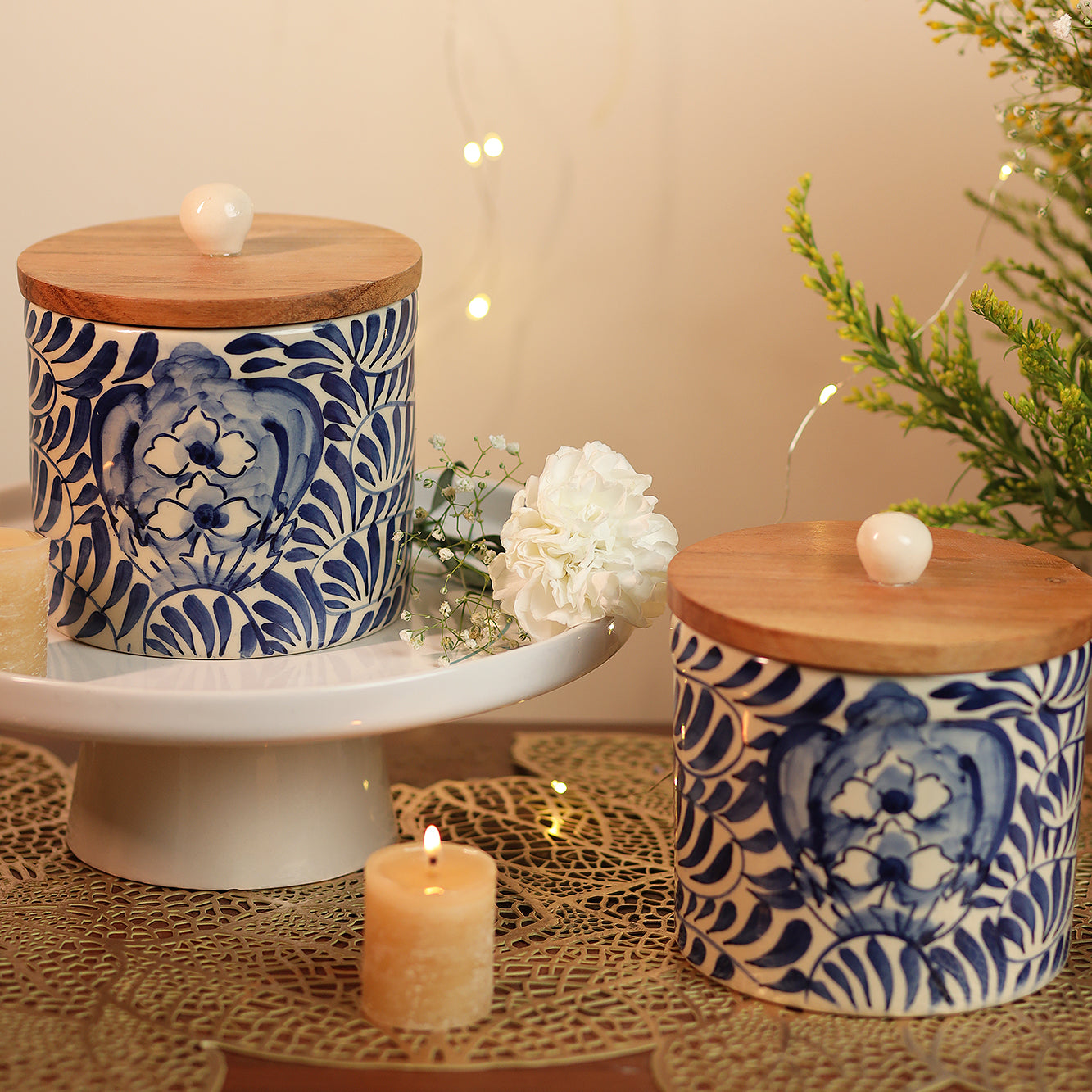 Blue Leafy Round Storage Jar