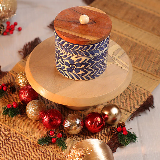 Blue Leafy Round Storage Jar