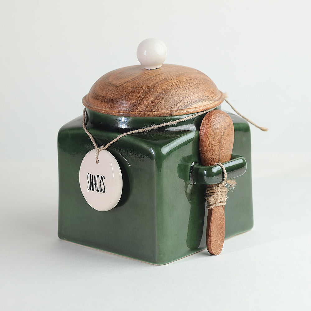 Glossy green snacks and cookies storage jar