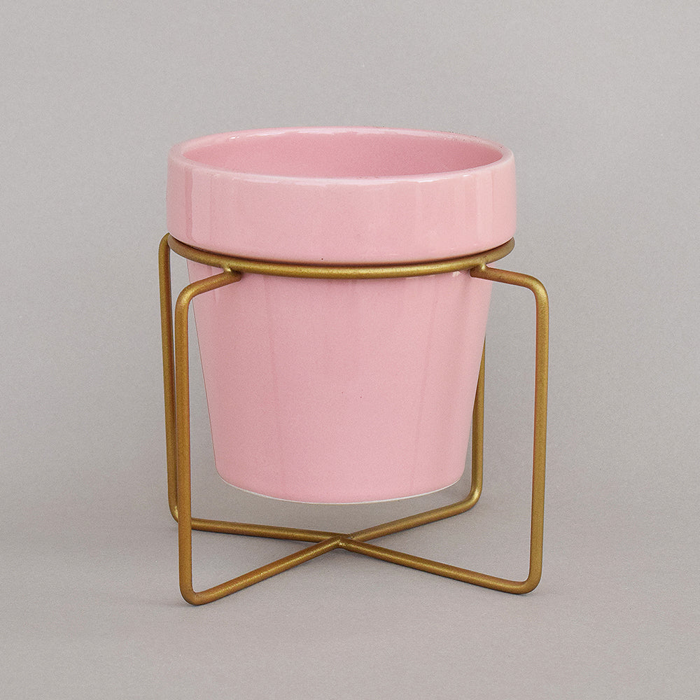 Pretty Peachy Pink Planter With Voguish Gold Stand