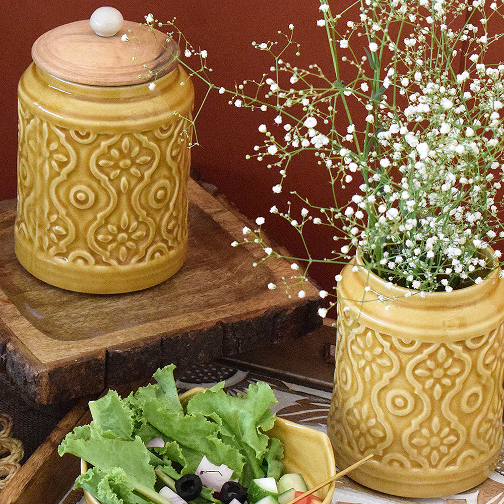 Glazed Yellow Storage Jar Set of 2 The Blooming Bagh
