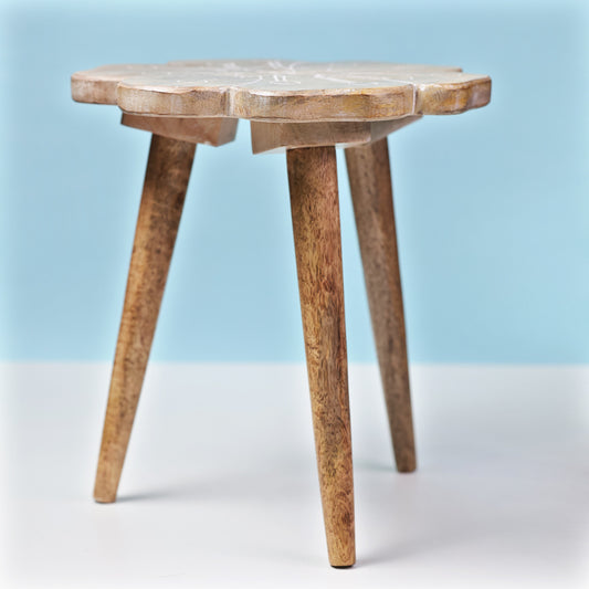 Carved Floral Rustic Wood Side Table