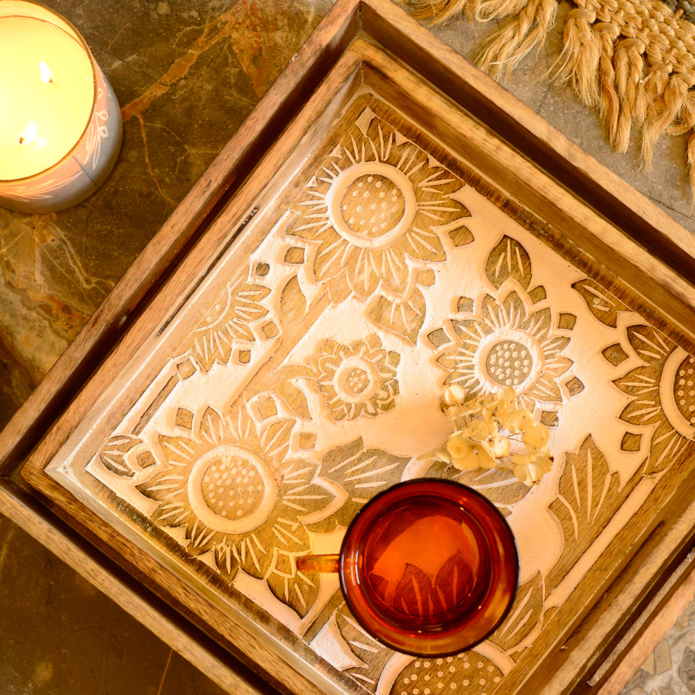 Hand Carved Wooden Tray- Set of 2
