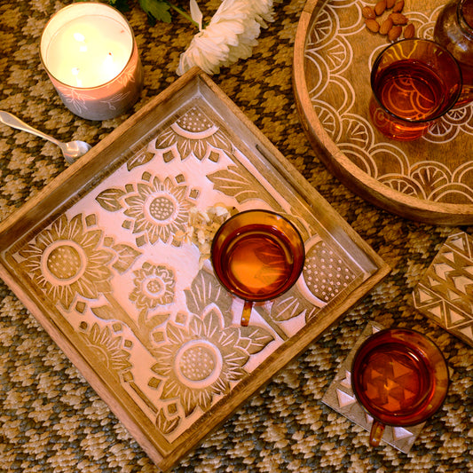 Hand Carved Wooden Tray- Set of 2
